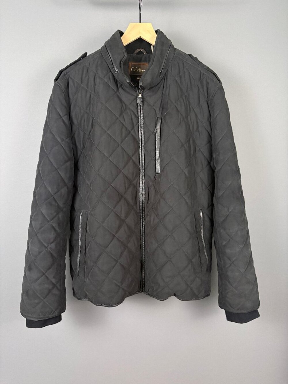 Cole Haan Men XXL Black Quilted Jacket Leather Trim Hidden Hood Thermore
